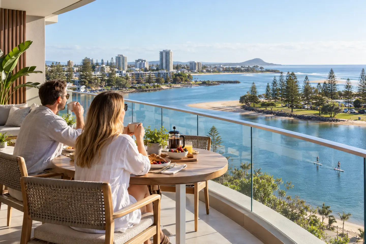 Holiday apartment balcony overlooking Cotton Tree and the Maroochy River