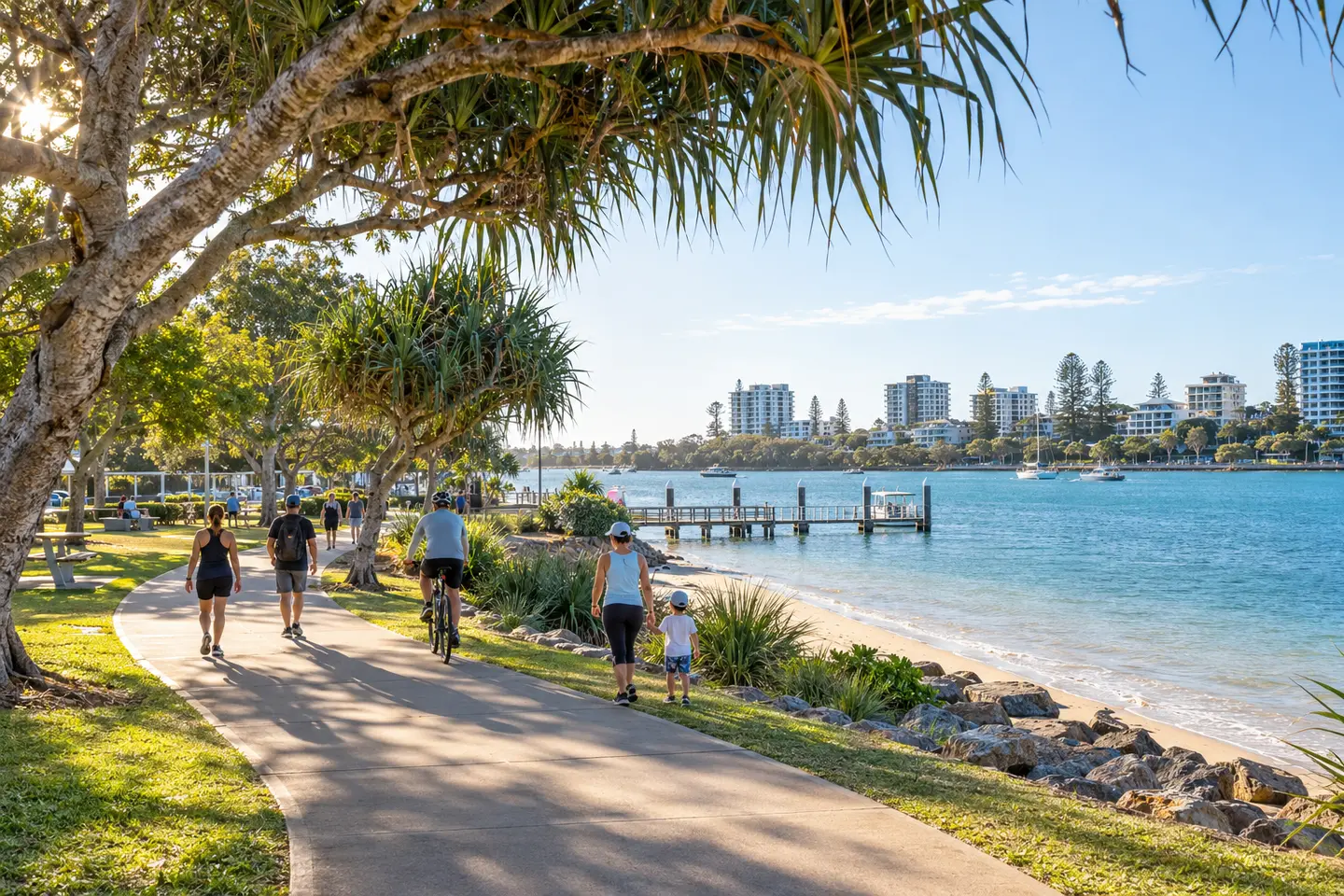 Walkers and cyclists following the Maroochy River at Cotton Tree