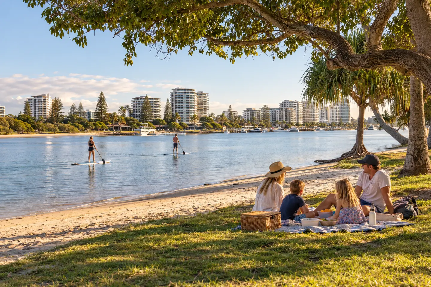 Families relaxing beside the Maroochy River at Cotton Tree