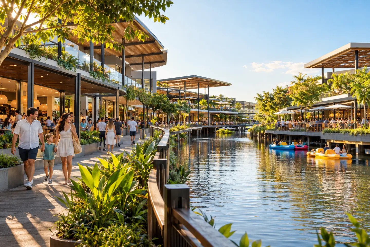 Visitors exploring the waterfront Riverwalk precinct at Sunshine Plaza