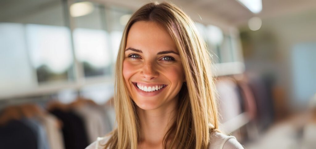 Smiling woman shopping in a modern retail store in Maroochydore on the Sunshine Coast