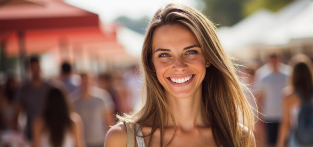 Smiling woman browsing stalls at the Maroochydore Markets on the Sunshine Coast