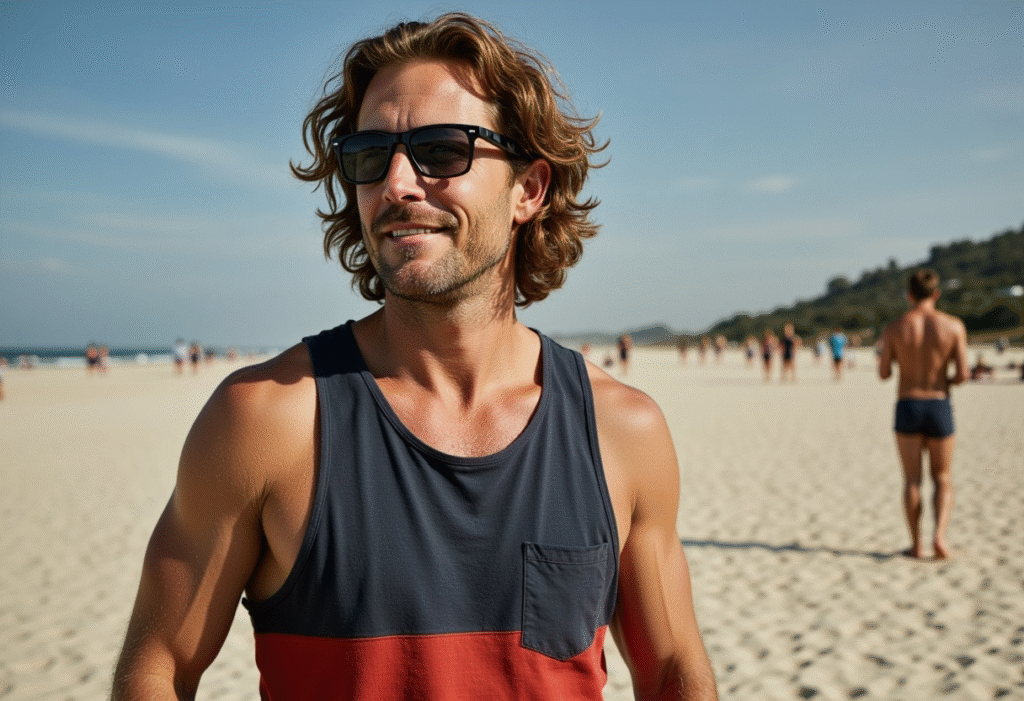 Stylish beach wear outfit suitable for the Sunshine Coast, featuring light, casual clothing perfect for a day at the beach.