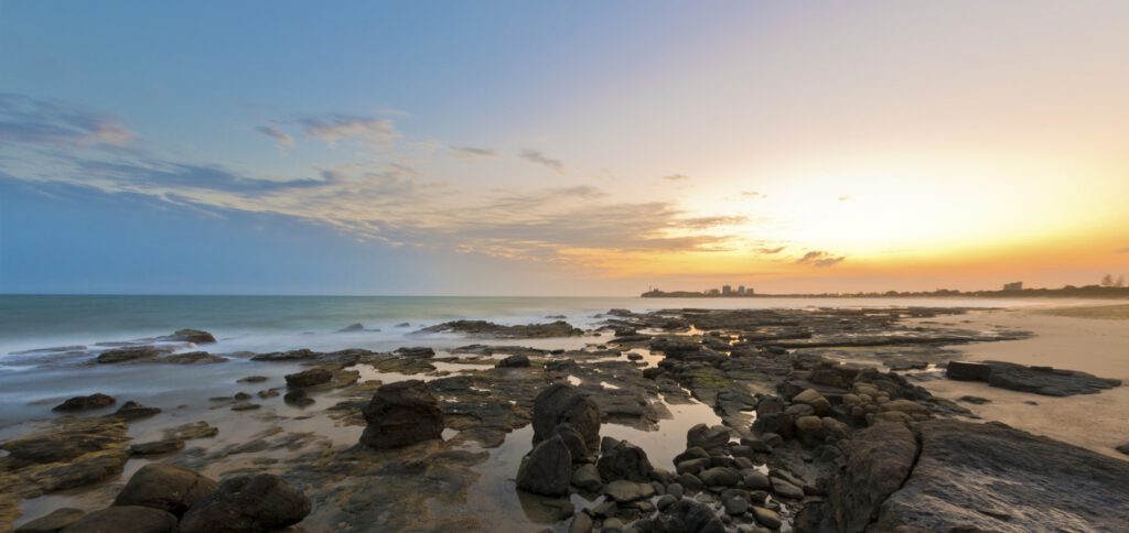 When you visit Maroochydore on the Sunshine Coast in winter, enjoy peaceful rocky shorelines and stunning coastal sunsets.
