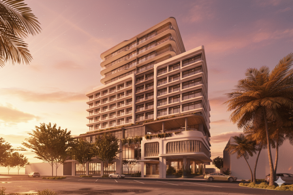 Exterior view of the Crowne Plaza Maroochydore luxury hotel on the Sunshine Coast, highlighting its modern architecture and oceanfront location