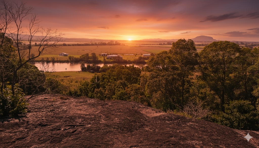Scenic view of Dunethin Rock near Maroochydore on the Sunshine Coast with lush greenery and river