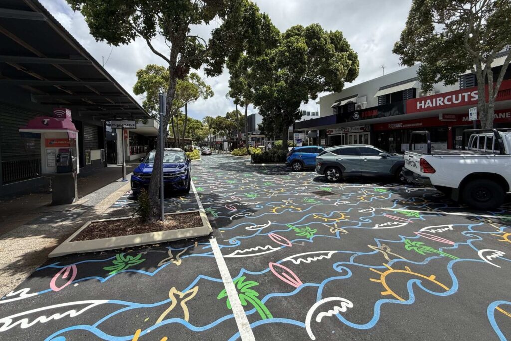 Vibrant urban street art installation along Maroochydore's main drag, showcasing bold colours and creative expression