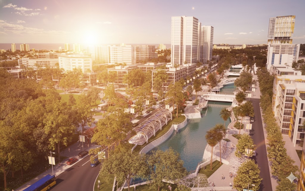 Aerial view of the Maroochydore CBD skyline with city buildings and coastal scenery